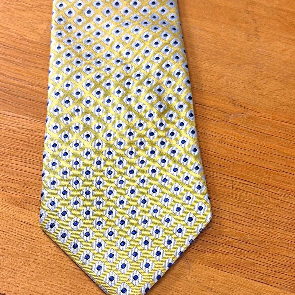 Burberry Men's Woven Silk Tie Yellow Blue White Geometric Logo Handmade